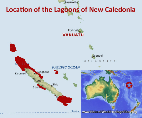 Map showing the location of Lagoons of New Caledonia: Reef Diversity and Associated Ecosystems World Heritage Site in France